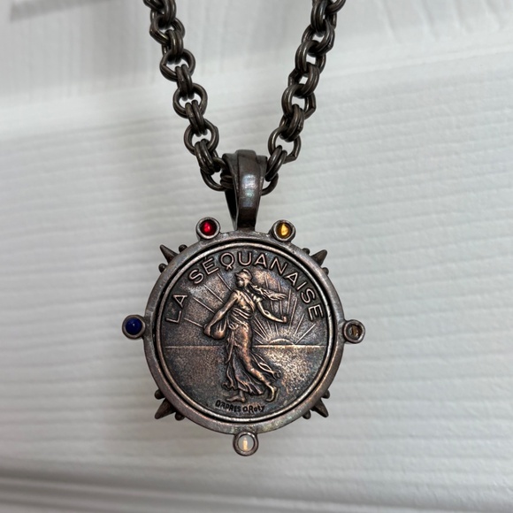 French Kande Long Chain Necklace w/ Coin-like Pendant - Picture 2 of 7